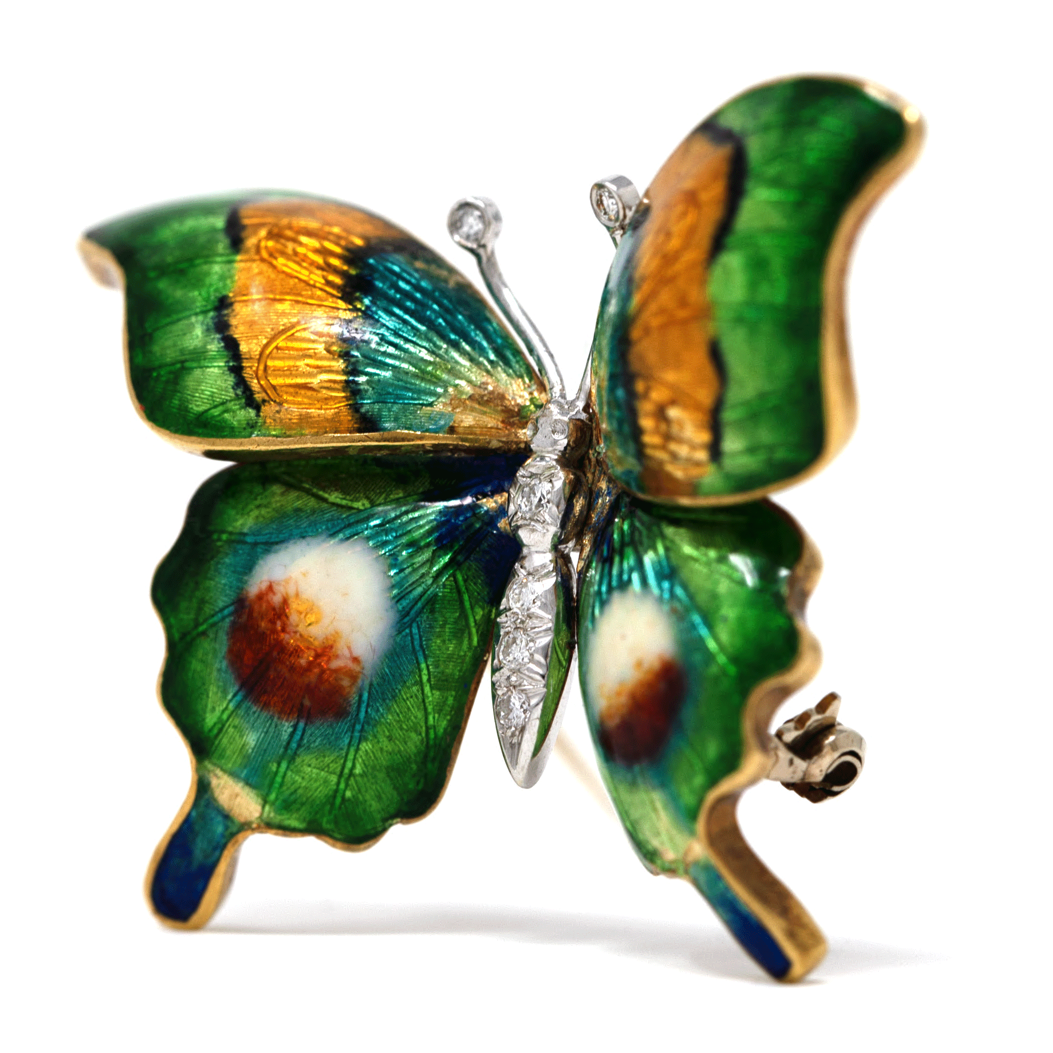 Antique Enamel & Diamond Butterfly Brooch in 18K Gold - Image 4