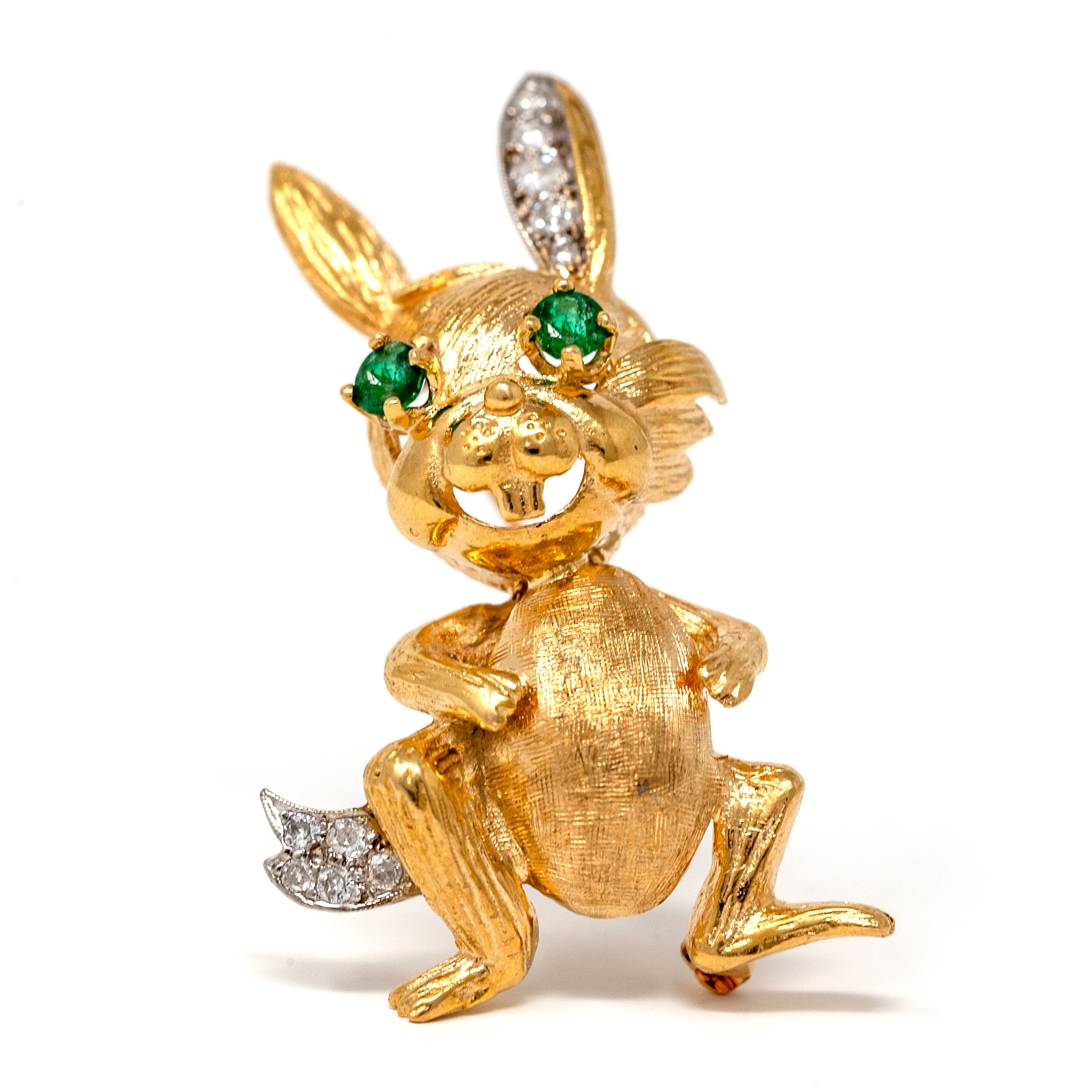 18K Gold Bunny Brooch 14.7g – Emerald Eyes – Diamond Ear & Tail – Vintage Mid-Century