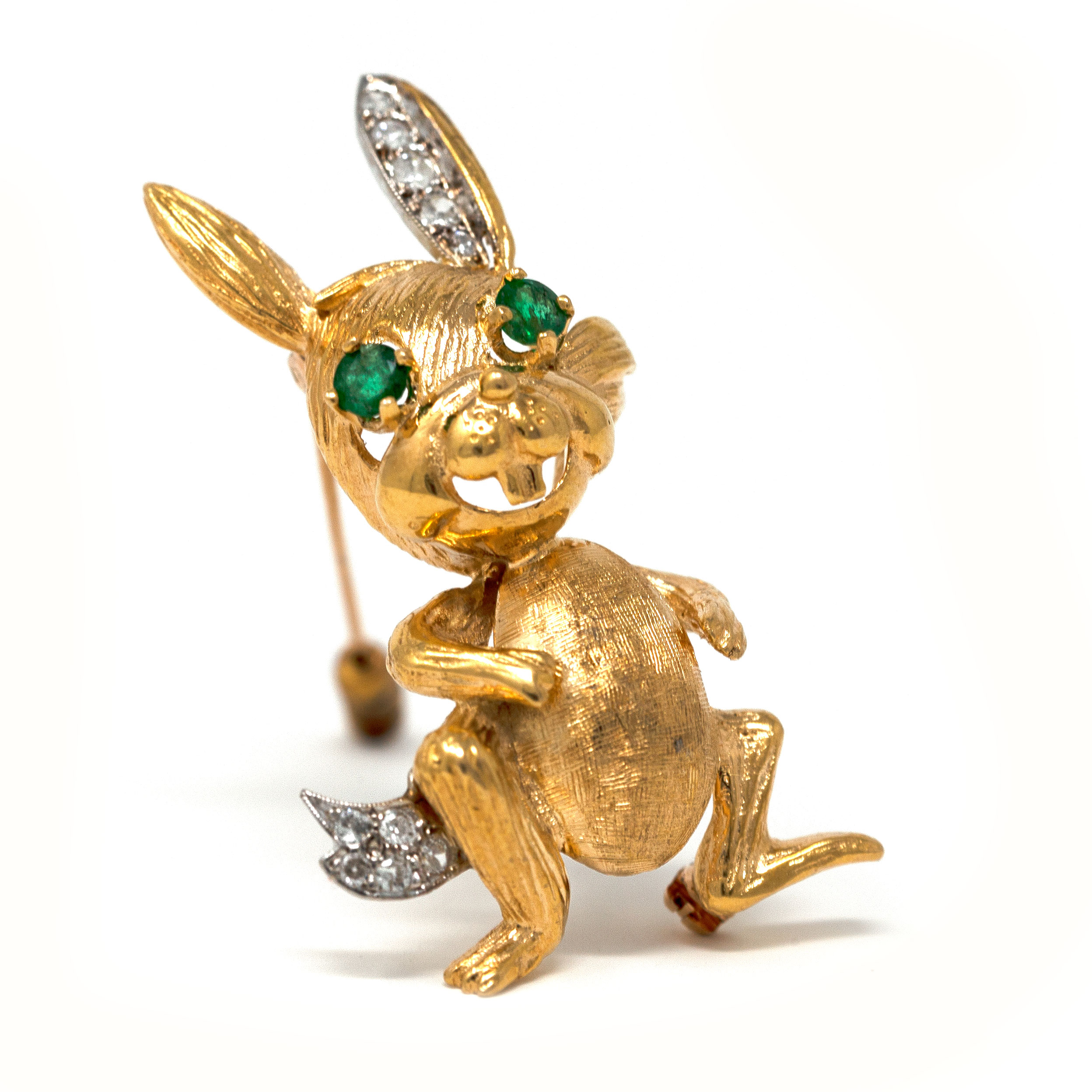 18K Gold Bunny Brooch 14.7g – Emerald Eyes – Diamond Ear & Tail – Vintage Mid-Century - Image 6
