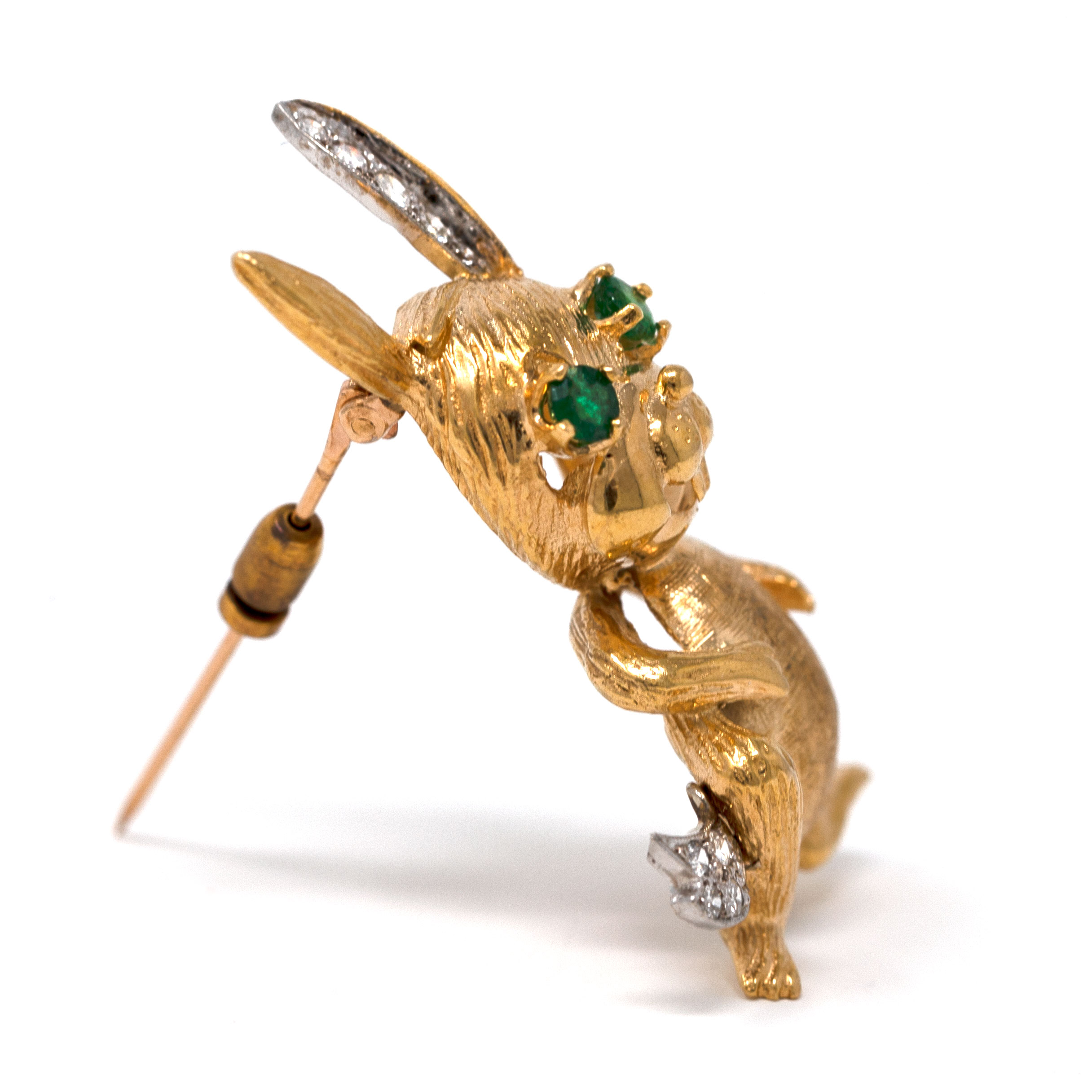 18K Gold Bunny Brooch 14.7g – Emerald Eyes – Diamond Ear & Tail – Vintage Mid-Century - Image 5
