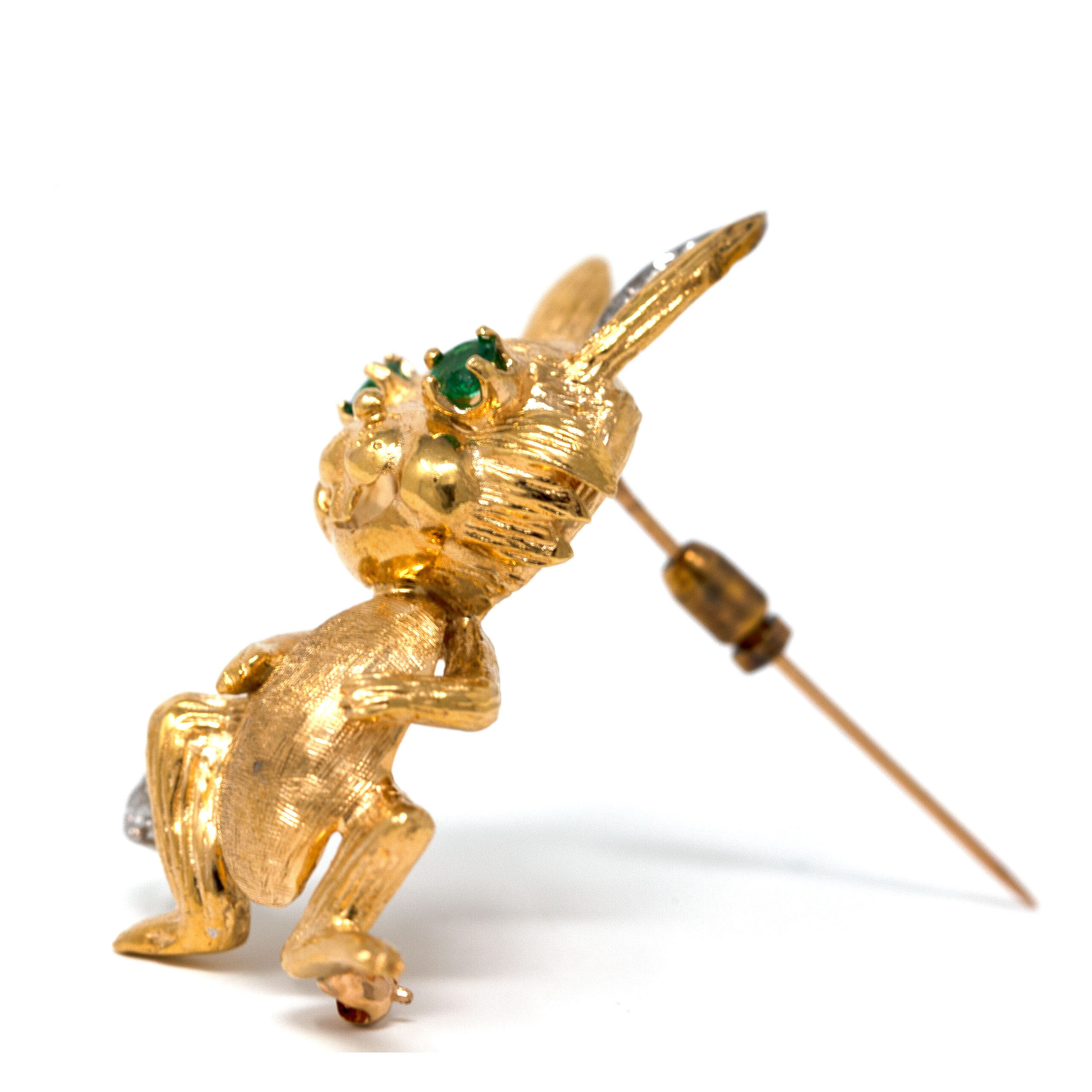 18K Gold Bunny Brooch 14.7g – Emerald Eyes – Diamond Ear & Tail – Vintage Mid-Century - Image 3
