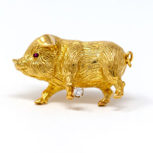 Italian Vintage 18K Gold Pig Brooch with Ruby Eye and Diamond Accent