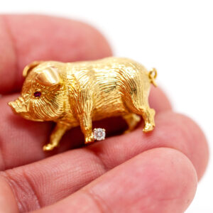 Italian Vintage 18K Gold Pig Brooch with Ruby Eye and Diamond Accent