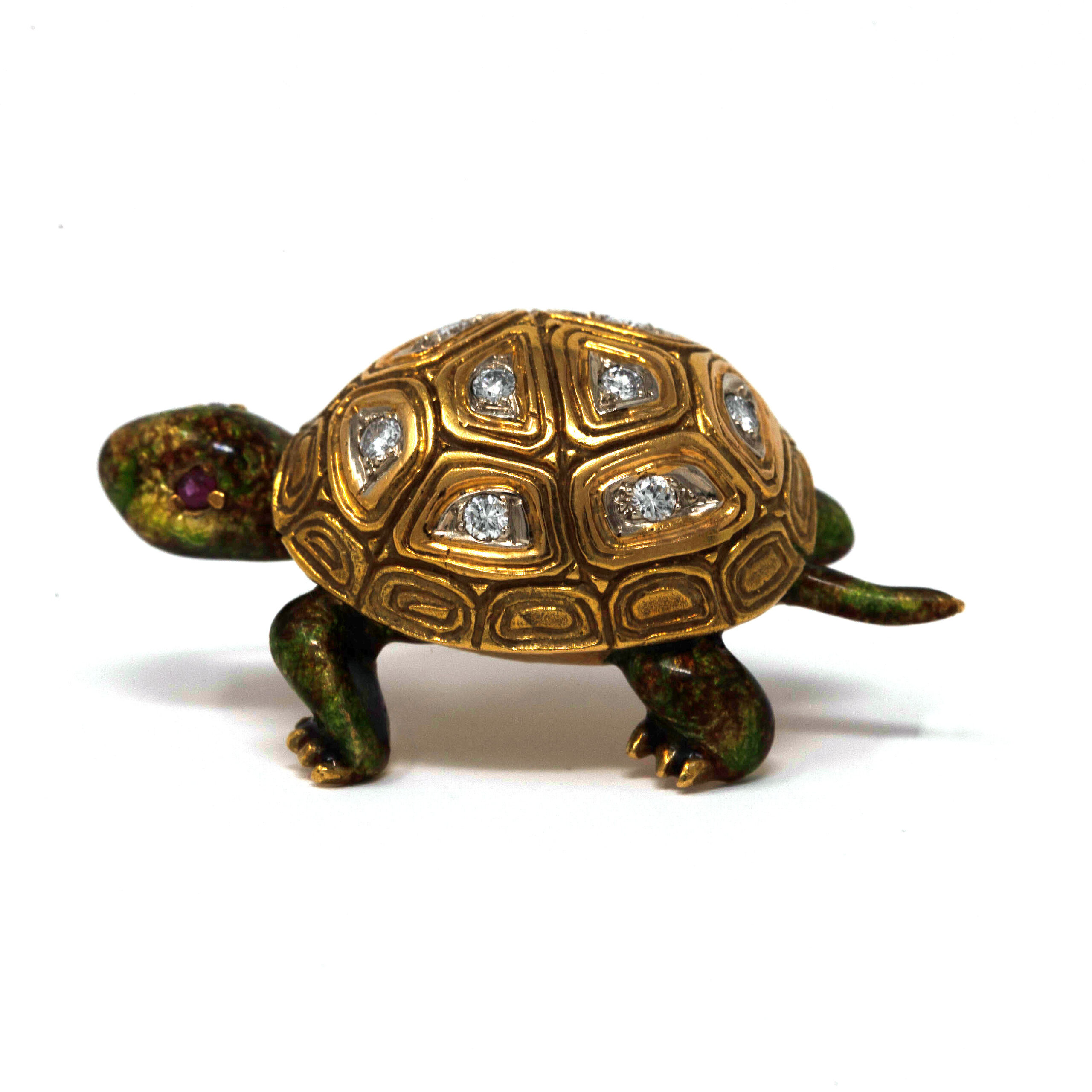 Vintage 18K Gold Diamond & Enamel Turtle Brooch – 12.8g – Ruby Eyes – Mid-Century Craftsmanship