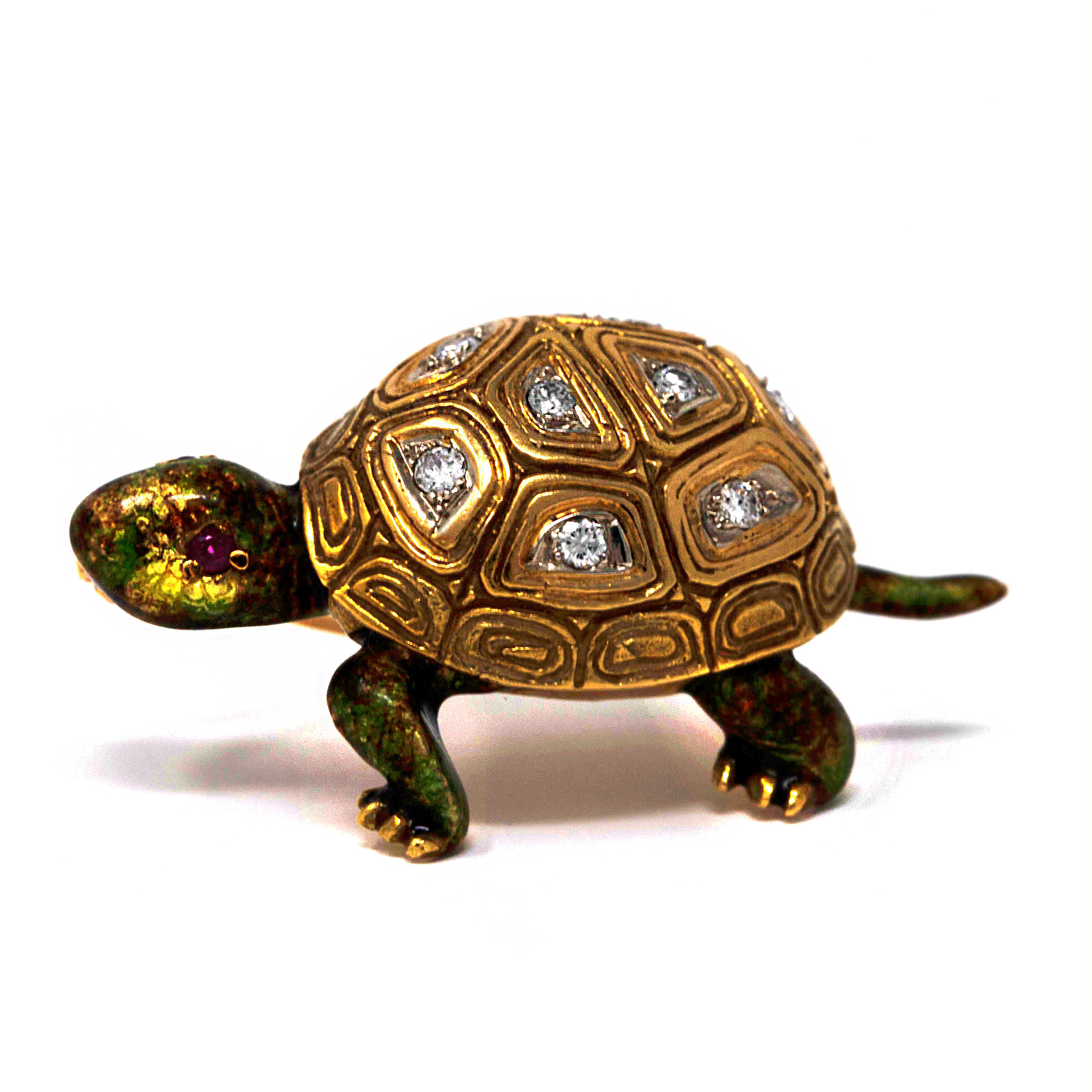 Vintage 18K Gold Diamond & Enamel Turtle Brooch – 12.8g – Ruby Eyes – Mid-Century Craftsmanship - Image 8