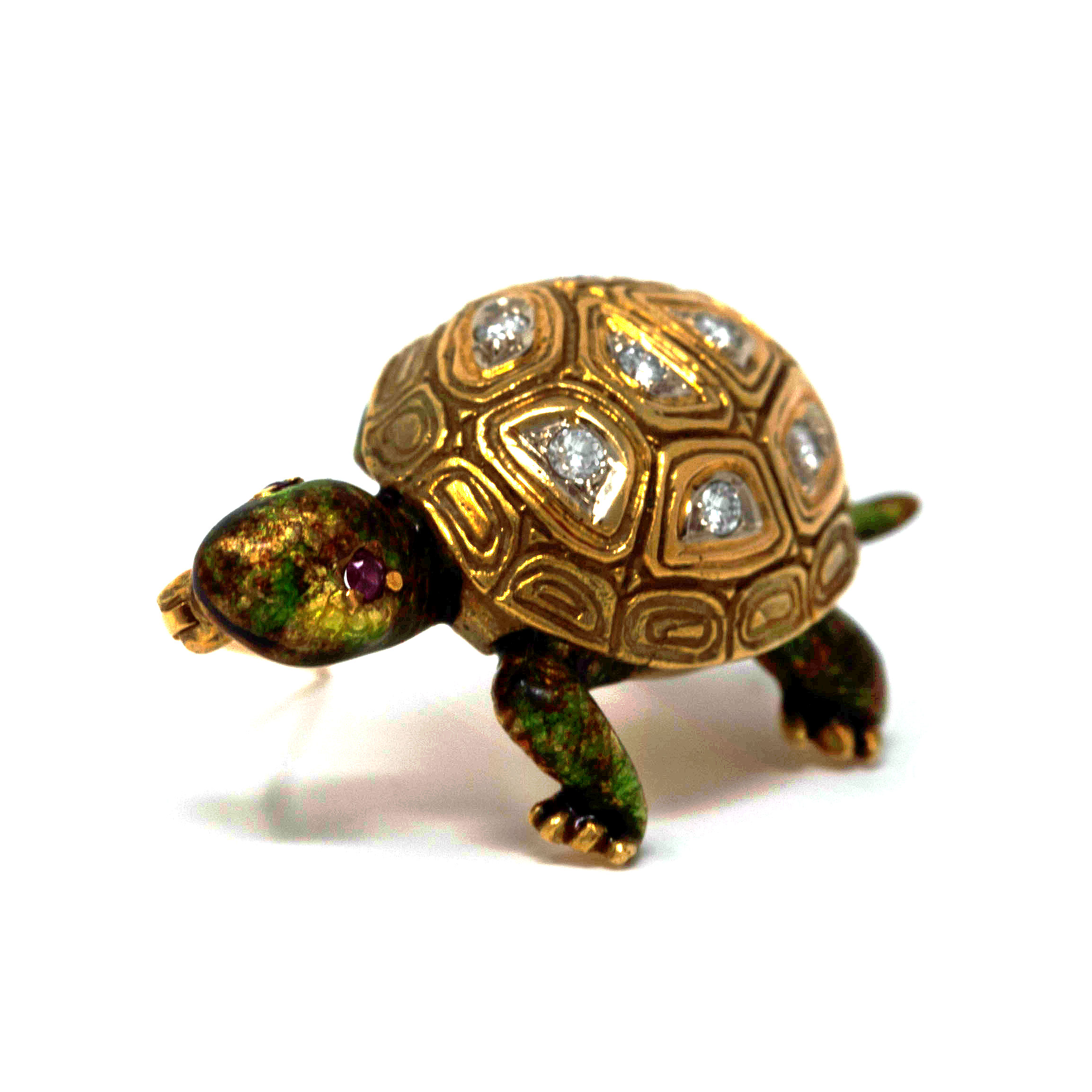 Vintage 18K Gold Diamond & Enamel Turtle Brooch – 12.8g – Ruby Eyes – Mid-Century Craftsmanship - Image 7
