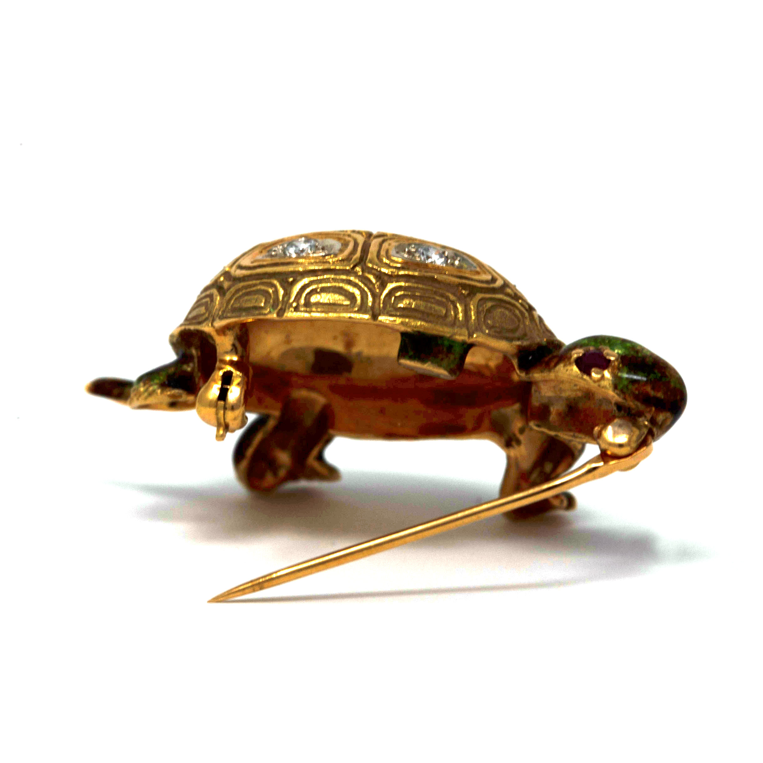 Vintage 18K Gold Diamond & Enamel Turtle Brooch – 12.8g – Ruby Eyes – Mid-Century Craftsmanship - Image 6