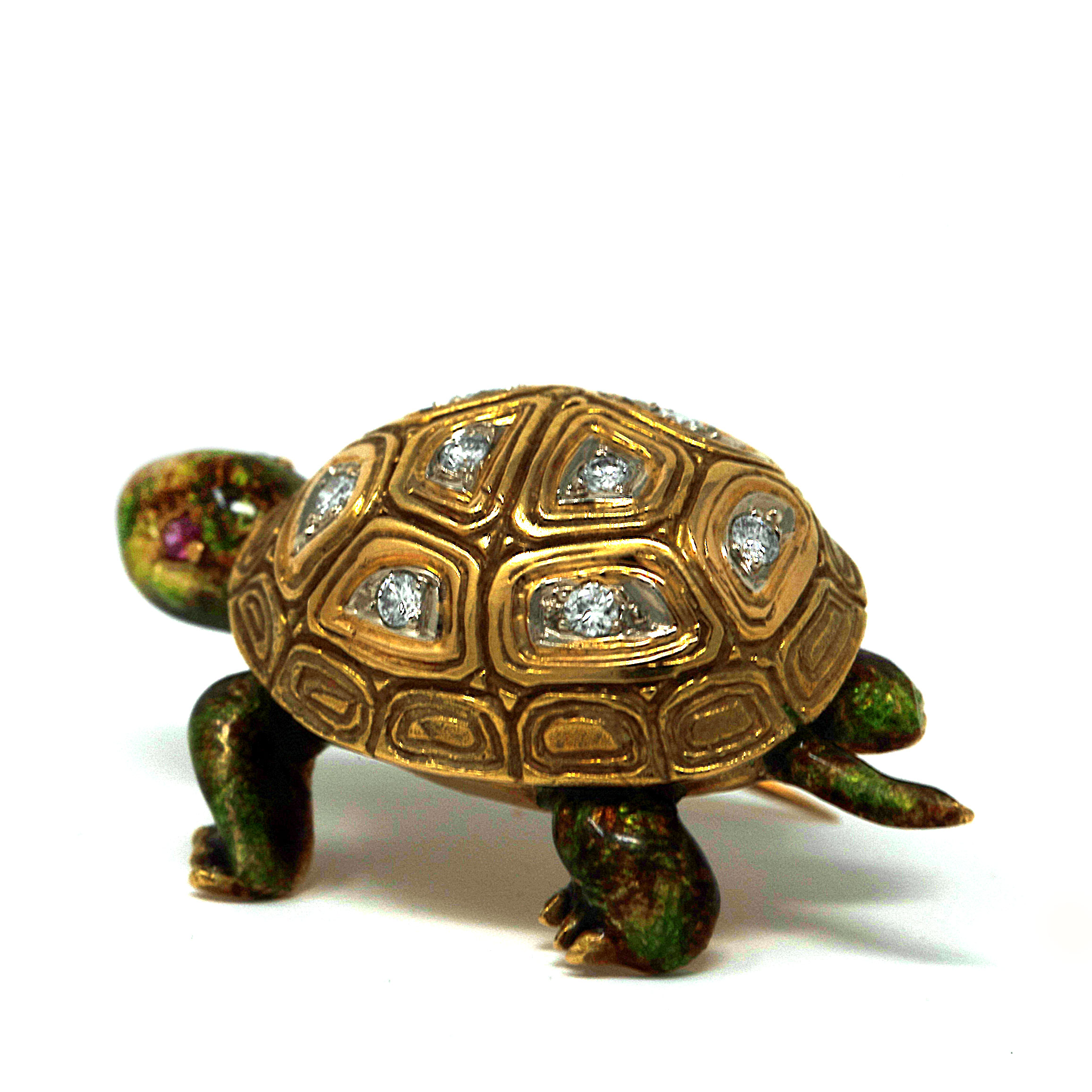 Vintage 18K Gold Diamond & Enamel Turtle Brooch – 12.8g – Ruby Eyes – Mid-Century Craftsmanship - Image 3