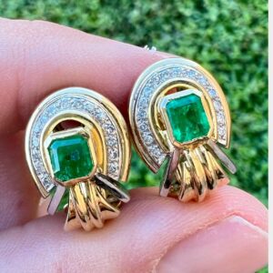 18K Yellow Gold Emerald & Diamond Earrings