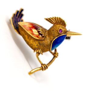 Italian 18K Gold Bird Brooch Mid Century Atelier Creation Hand Applied Enamel Ruby Eye