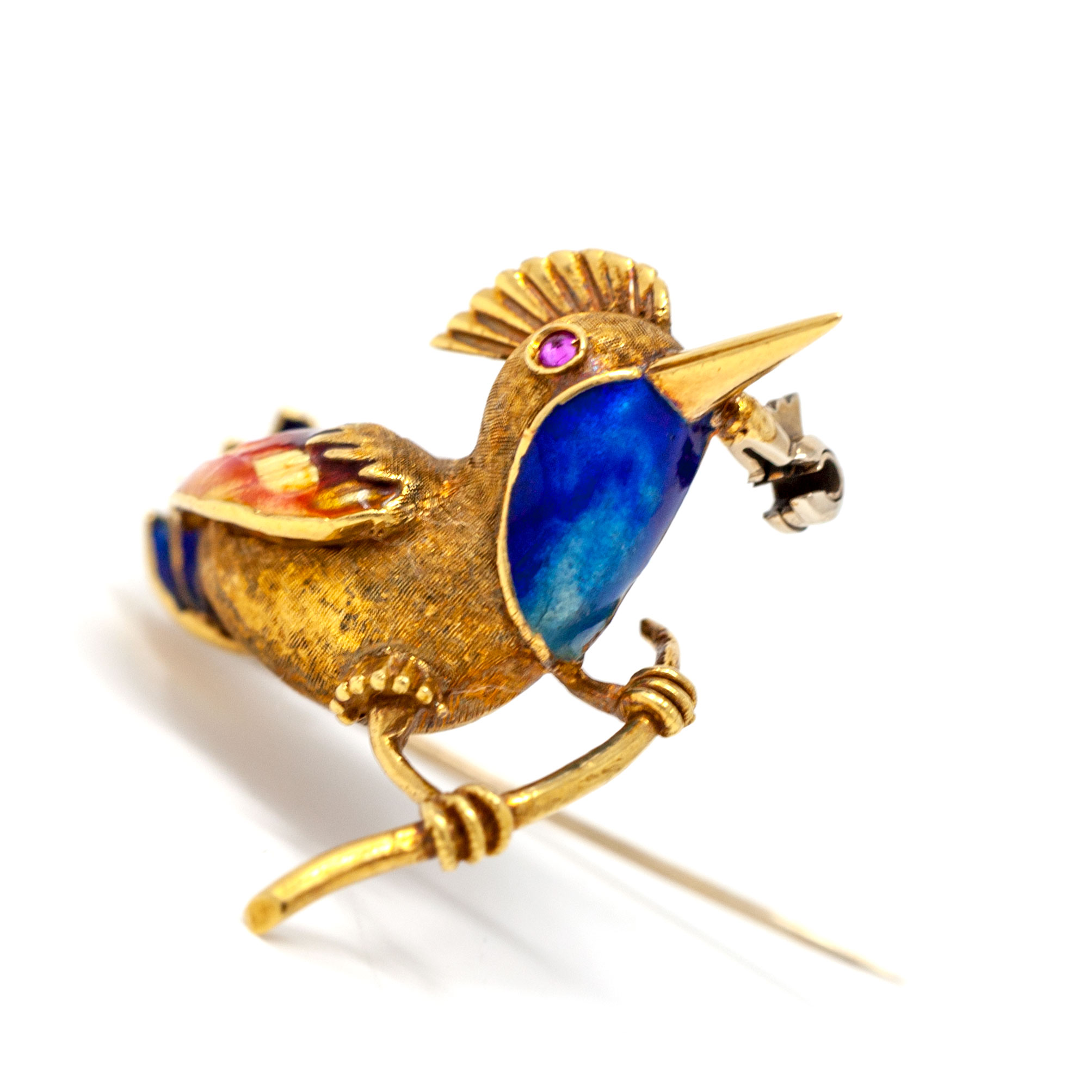 Italian 18K Gold Bird Brooch Mid Century Atelier Creation Hand Applied Enamel Ruby Eye - Image 3