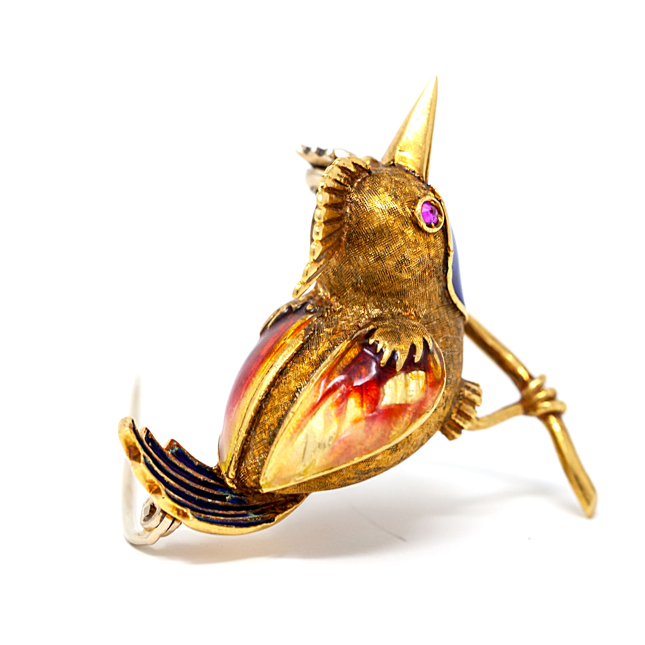 Italian 18K Gold Bird Brooch Mid Century Atelier Creation Hand Applied Enamel Ruby Eye - Image 4