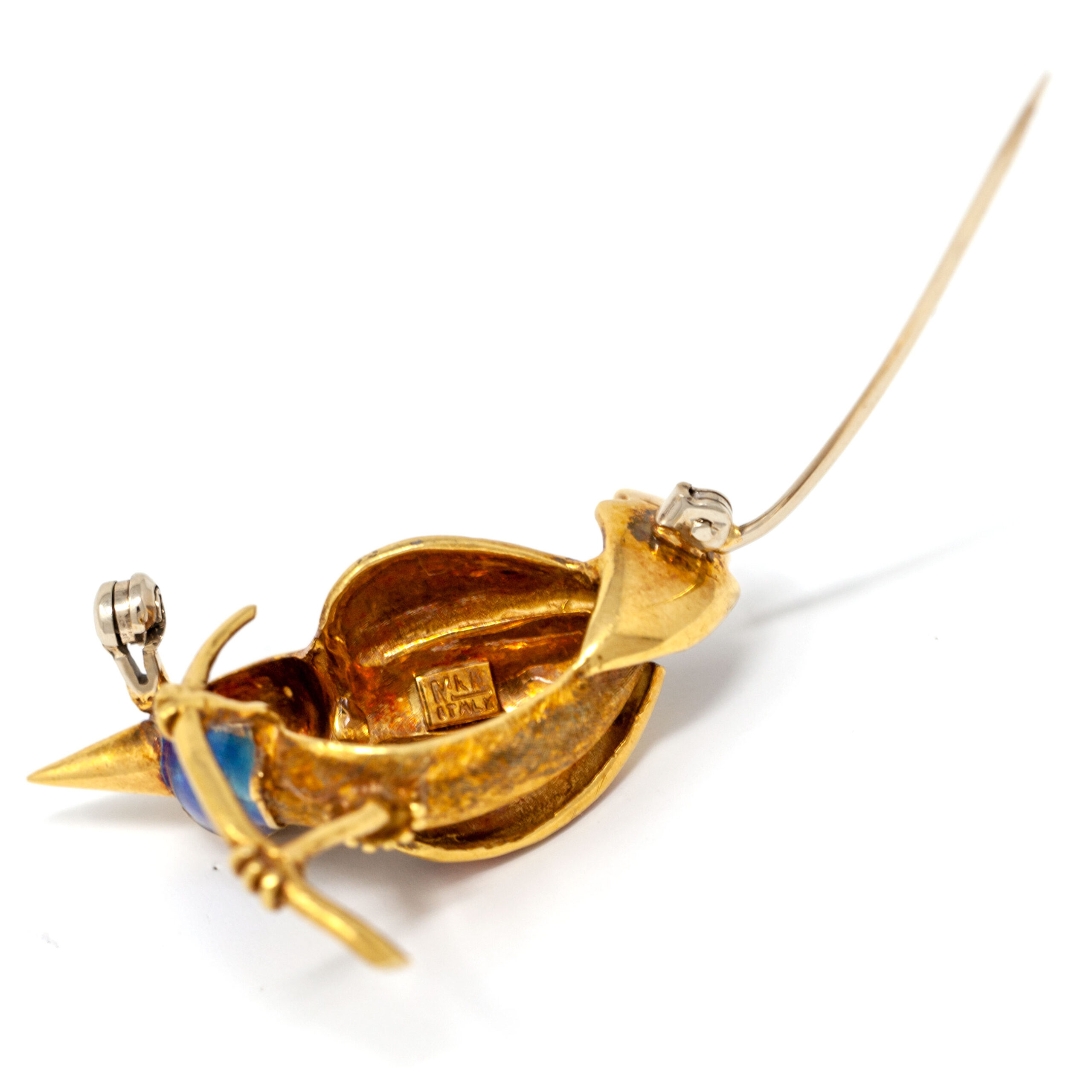 Italian 18K Gold Bird Brooch Mid Century Atelier Creation Hand Applied Enamel Ruby Eye - Image 5