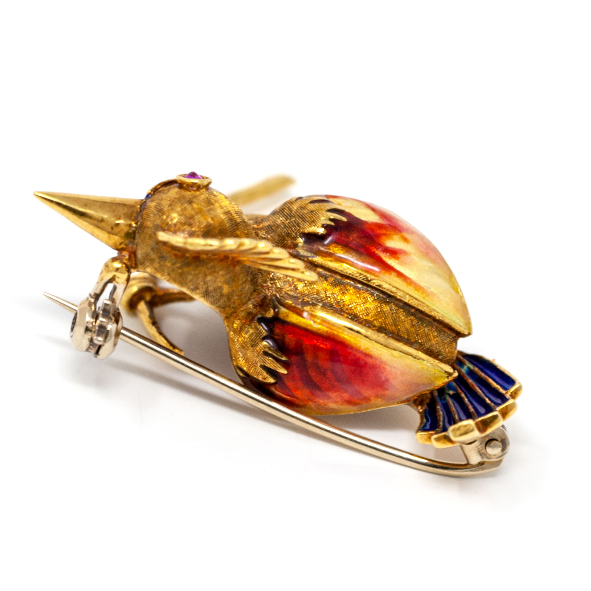 Italian 18K Gold Bird Brooch Mid Century Atelier Creation Hand Applied Enamel Ruby Eye - Image 7