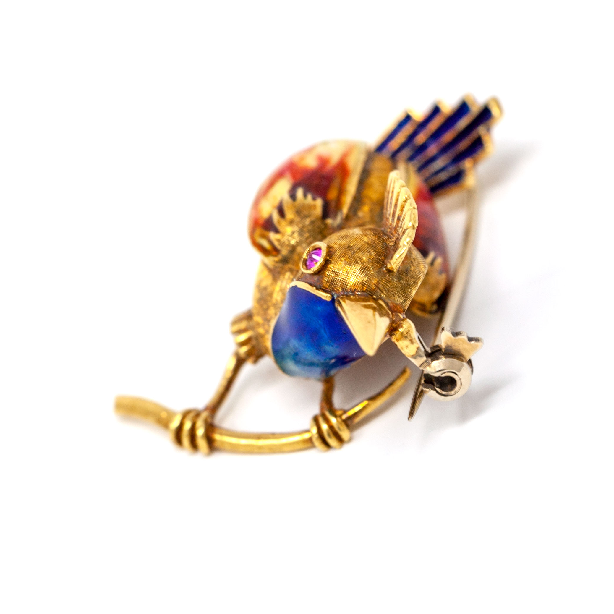 Italian 18K Gold Bird Brooch Mid Century Atelier Creation Hand Applied Enamel Ruby Eye - Image 6