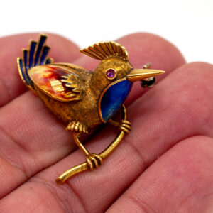 Italian 18K Gold Bird Brooch Mid Century Atelier Creation Hand Applied Enamel Ruby Eye