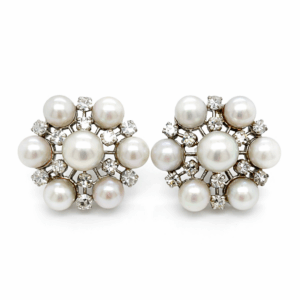 1960’s 14K White Gold Pearl & Diamond Earrings