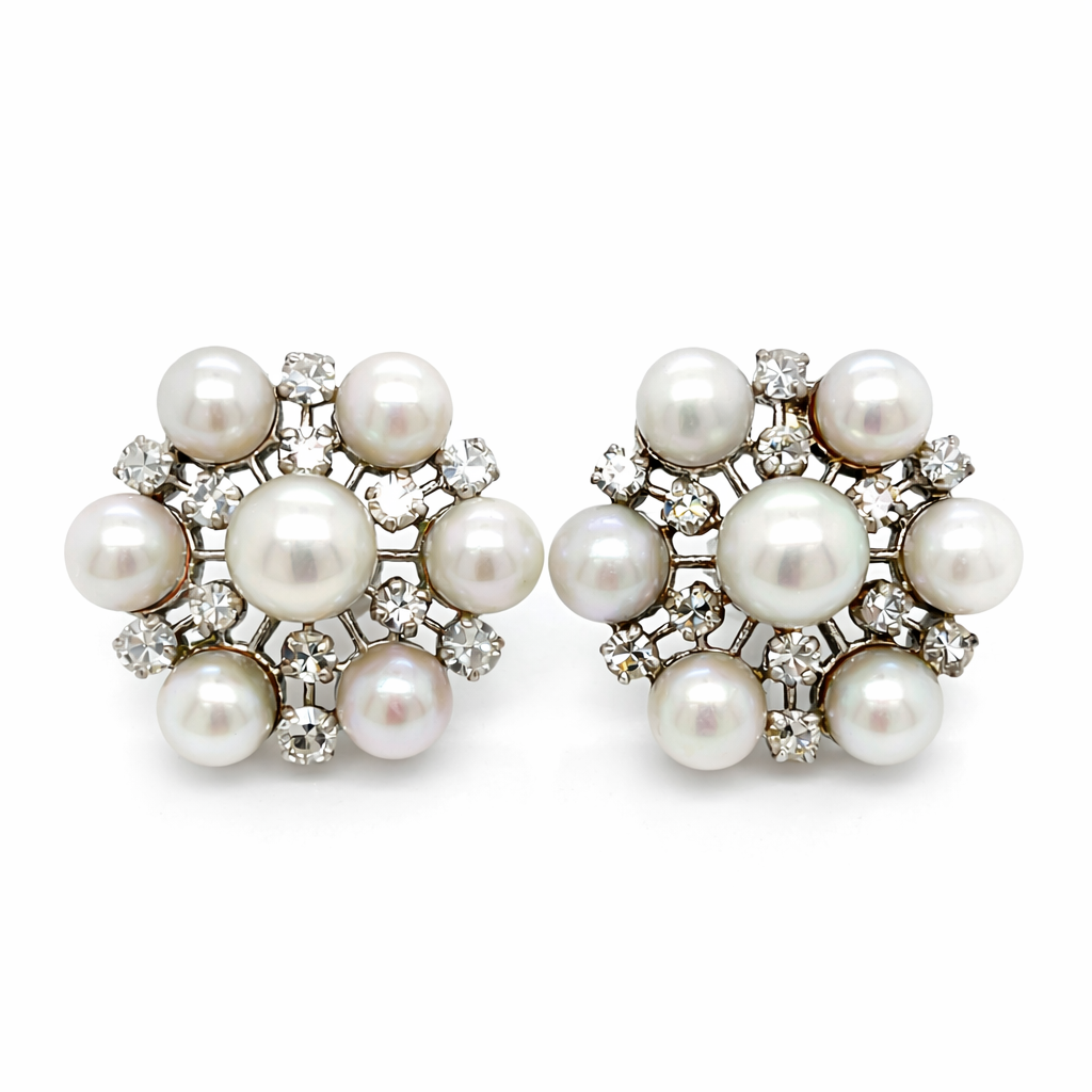 1960’s 14K White Gold Pearl & Diamond Earrings