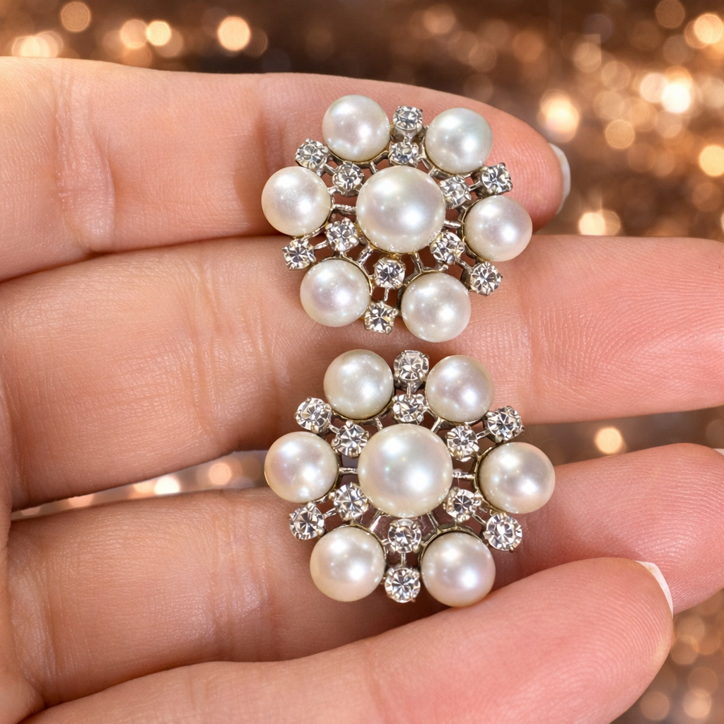 1960’s 14K White Gold Pearl & Diamond Earrings - Image 4