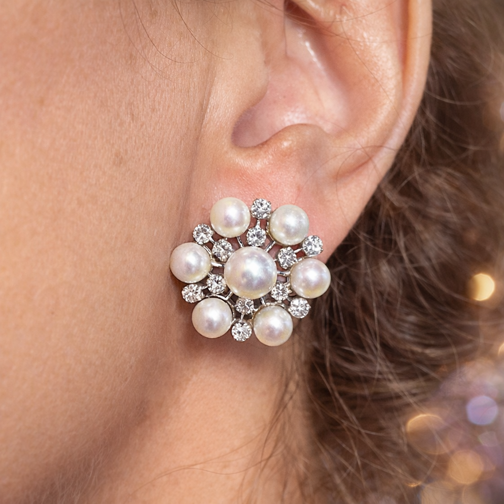 1960’s 14K White Gold Pearl & Diamond Earrings - Image 3