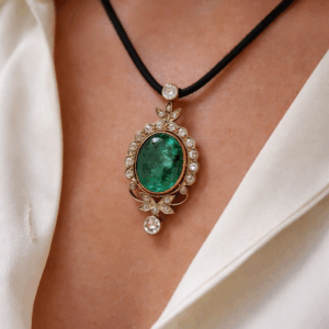 Antique Colombian Emerald Cabochon & Diamond Pendant