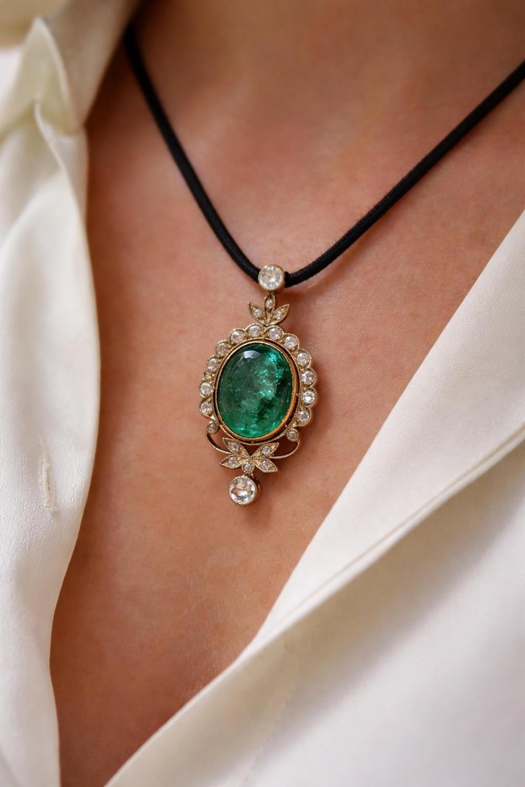 Antique Colombian Emerald Cabochon & Diamond Pendant - Image 2