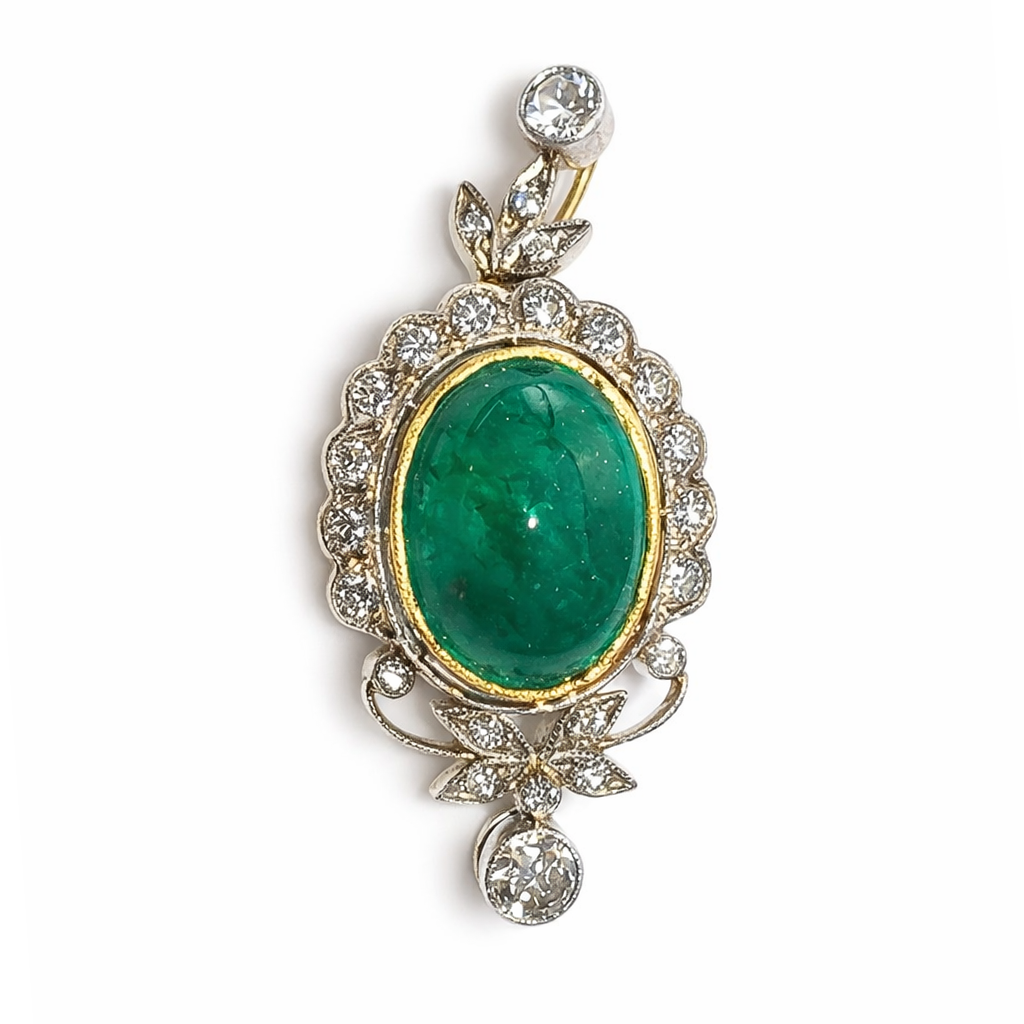 Antique Colombian Emerald Cabochon & Diamond Pendant
