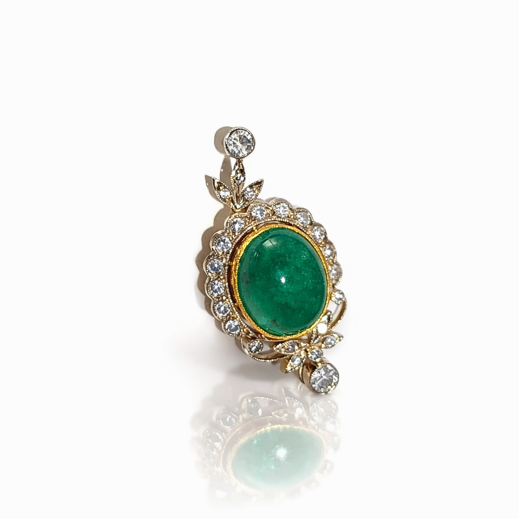 Antique Colombian Emerald Cabochon & Diamond Pendant - Image 3