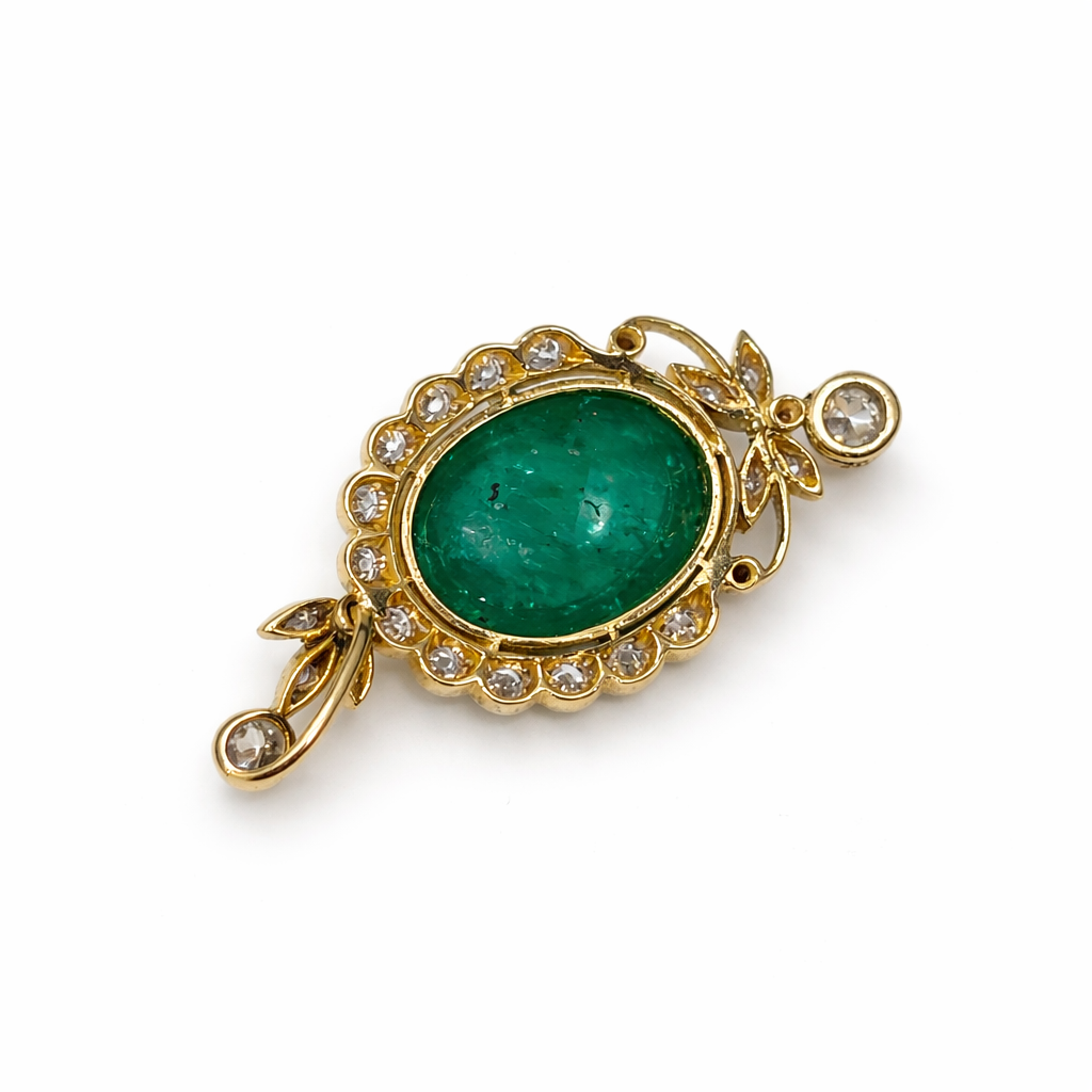 Antique Colombian Emerald Cabochon & Diamond Pendant - Image 4