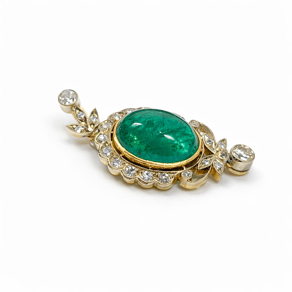Antique Colombian Emerald Cabochon & Diamond Pendant - Image 5