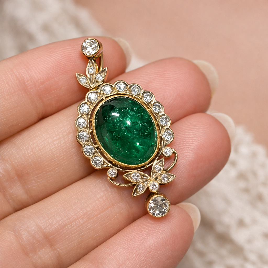 Antique Colombian Emerald Cabochon & Diamond Pendant - Image 6