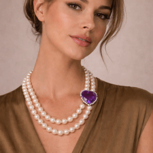 14K White Gold Cultured Pearl & Amethyst Necklace  26″ 30.00 ct Heart