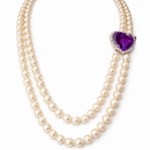 14K White Gold Cultured Pearl & Amethyst Necklace  26″ 30.00 ct Heart