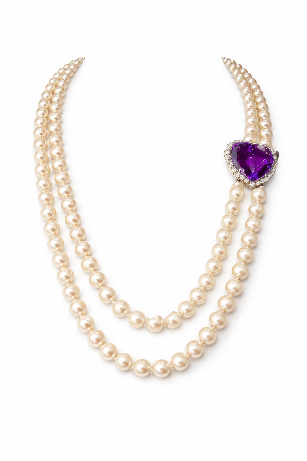 14K White Gold Cultured Pearl & Amethyst Necklace 26" 30.00 ct Heart