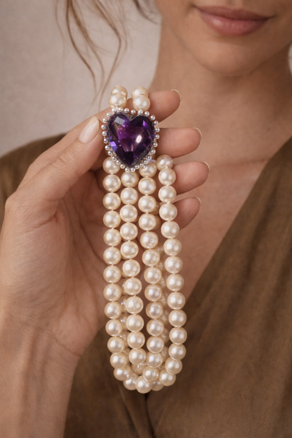 14K White Gold Cultured Pearl & Amethyst Necklace 26" 30.00 ct Heart - Image 4