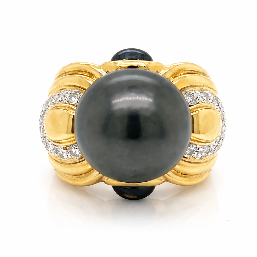 18K Yellow Gold South Sea Pearl, Sapphire & Diamond Ring