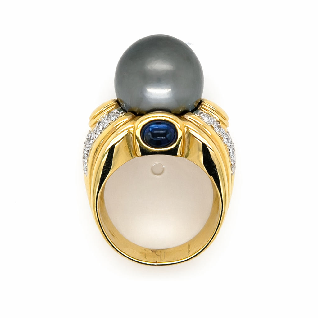 18K Yellow Gold South Sea Pearl, Sapphire & Diamond Ring - Image 3