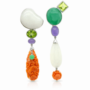 18K Coral, Peridot & Amethyst Earrings – 29.9g Drop