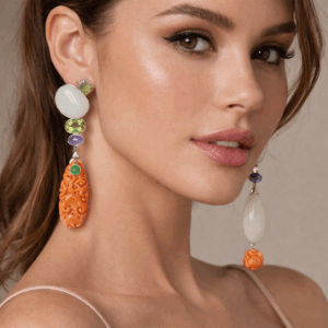 18K Coral, Peridot & Amethyst Earrings – 29.9g Drop