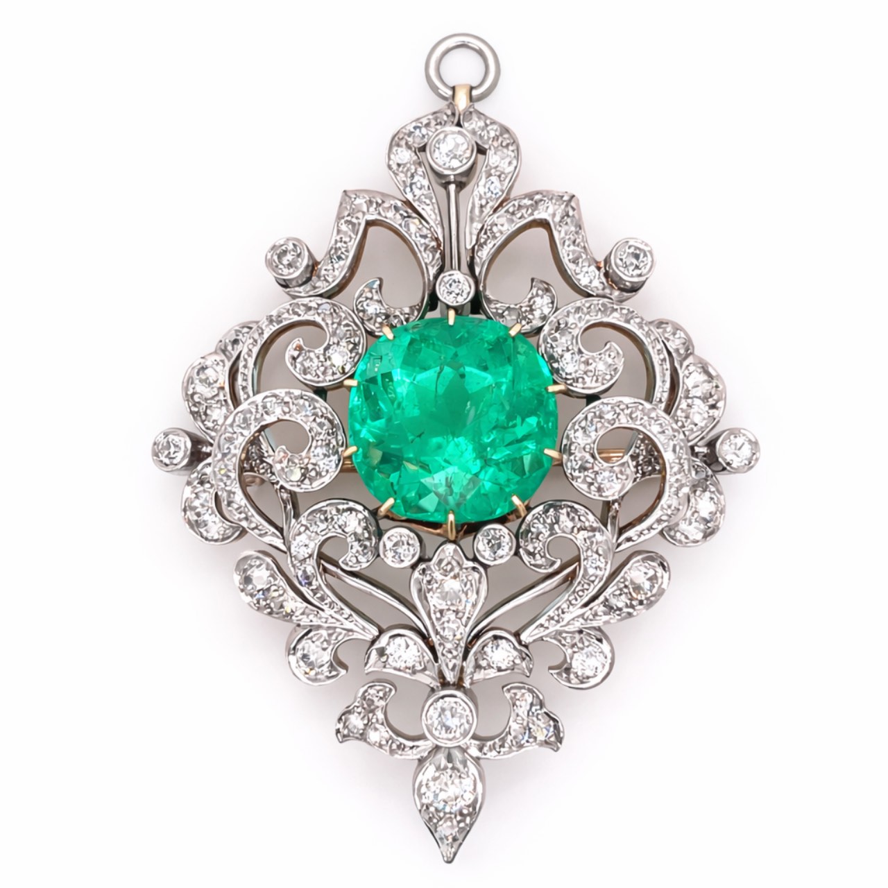 18K Yellow Gold & Platinum Top Colombian Emerald and Diamond Pendant/Brooch