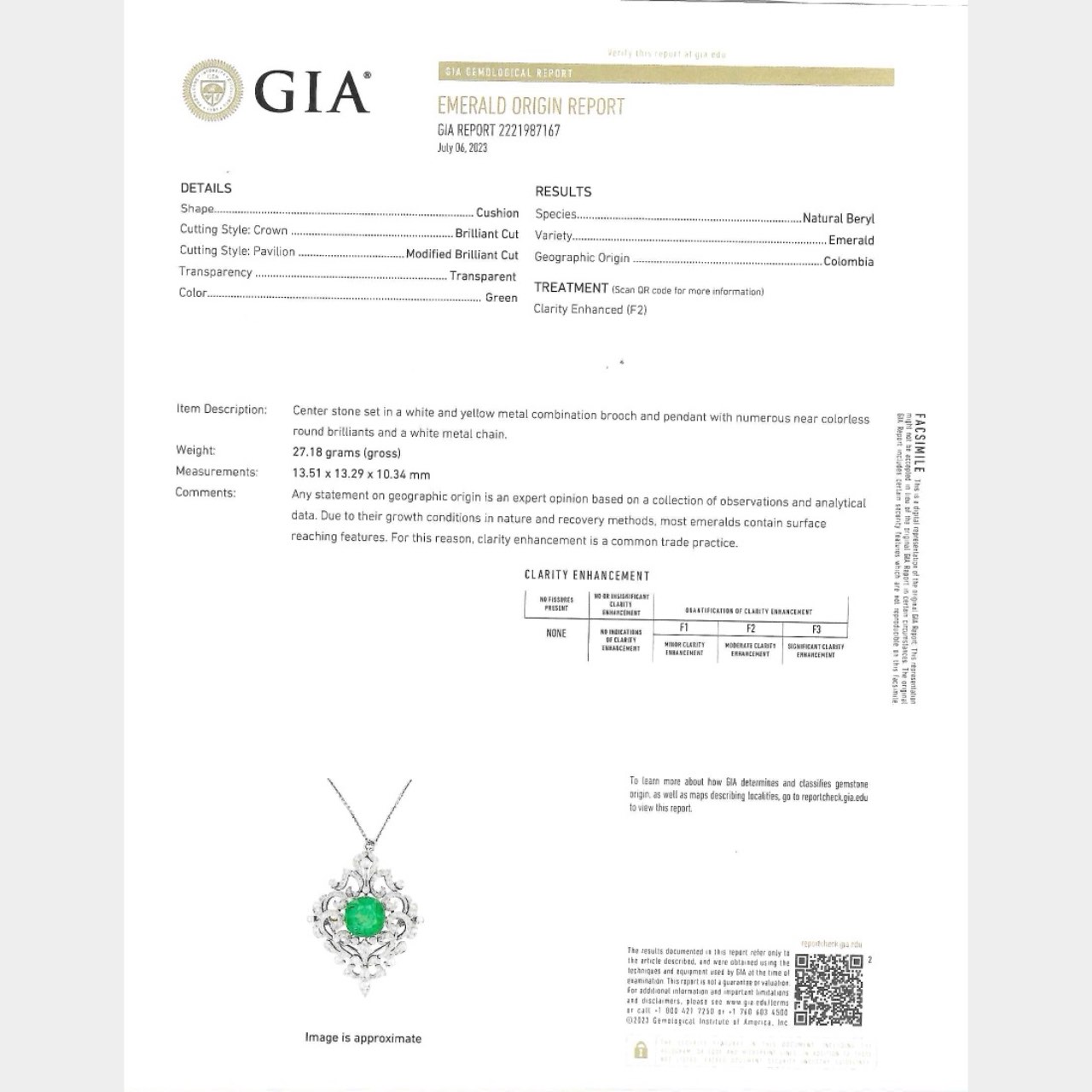 18K Yellow Gold & Platinum Top Colombian Emerald and Diamond Pendant/Brooch - Image 5