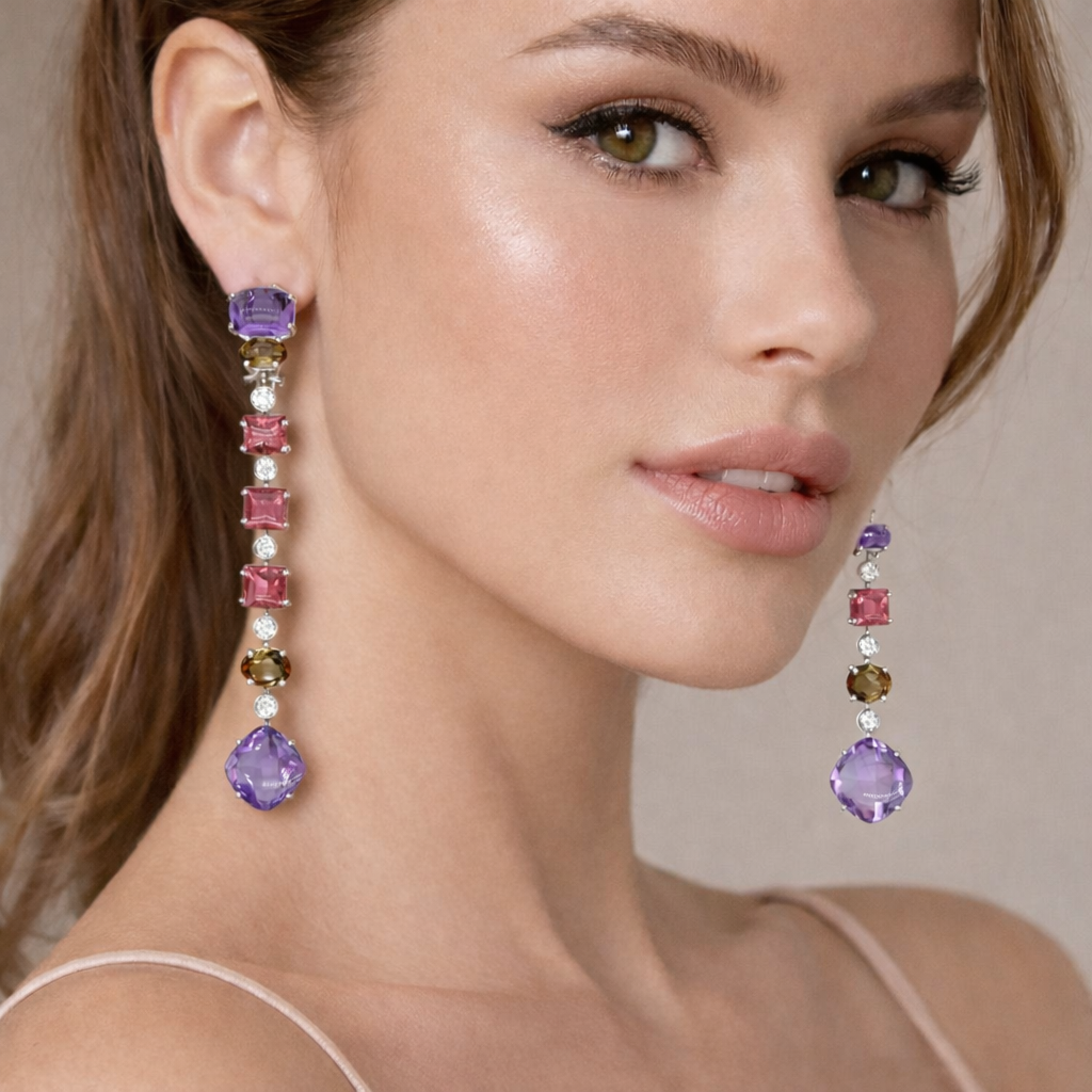 Amethyst, Rubelite & Andalusite Diamond Cascade Earrings 18K White Gold - Image 2