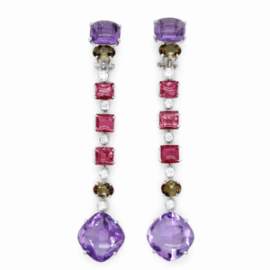 Amethyst, Rubelite & Andalusite Diamond Cascade Earrings 18K White Gold