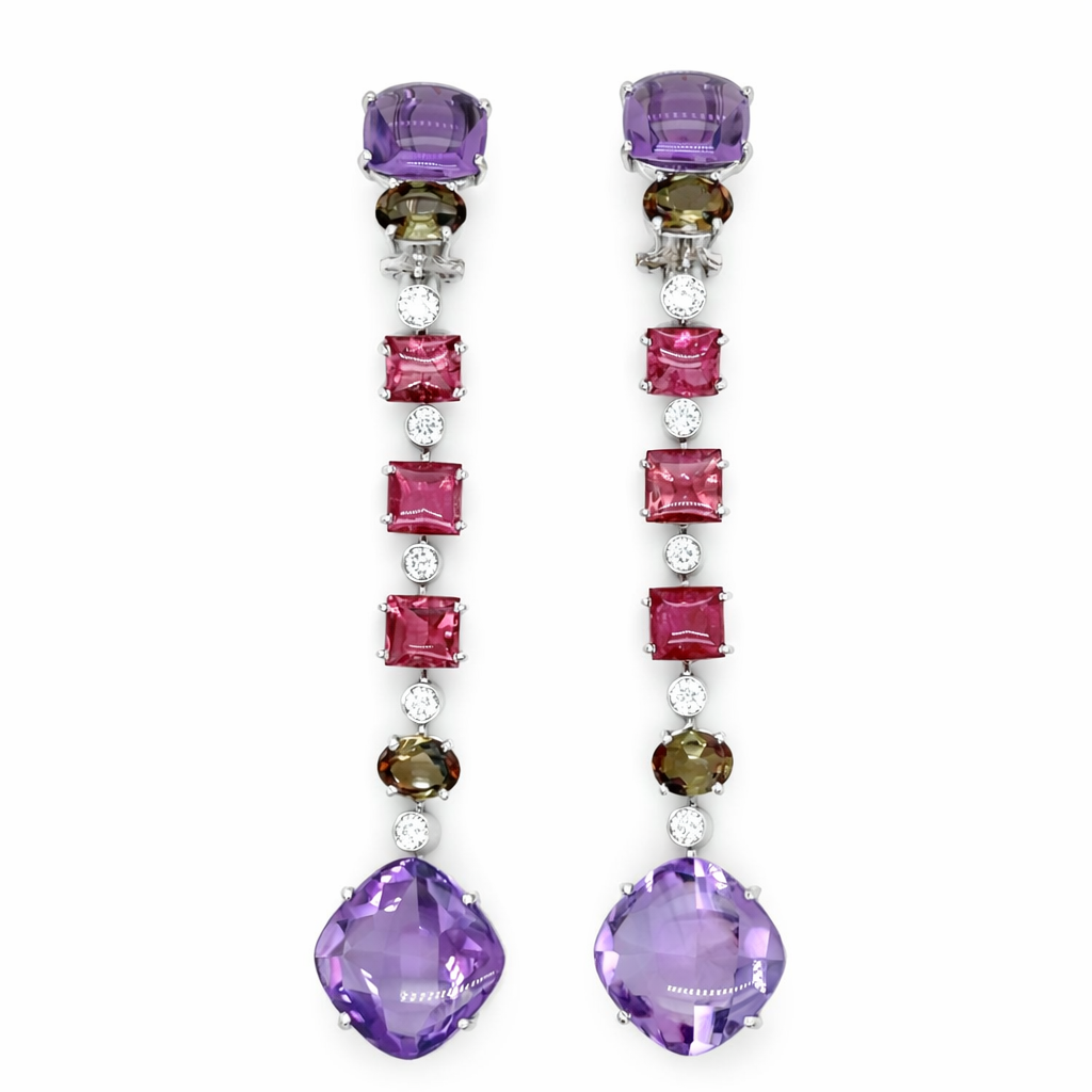 Amethyst, Rubelite & Andalusite Diamond Cascade Earrings 18K White Gold