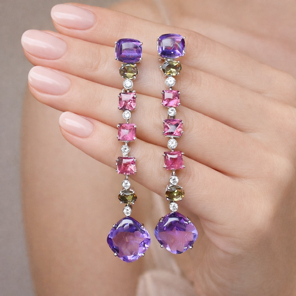 Amethyst, Rubelite & Andalusite Diamond Cascade Earrings 18K White Gold - Image 3