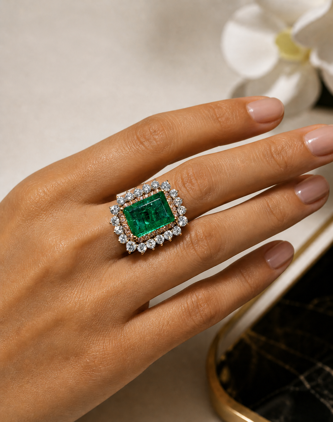 6.28 Ct Colombian emerald framed by white and pink diamonds in platinum & 18K gold - Image 4