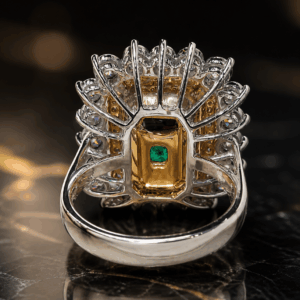 6.28 Ct Colombian emerald framed by white and pink diamonds in platinum & 18K gold