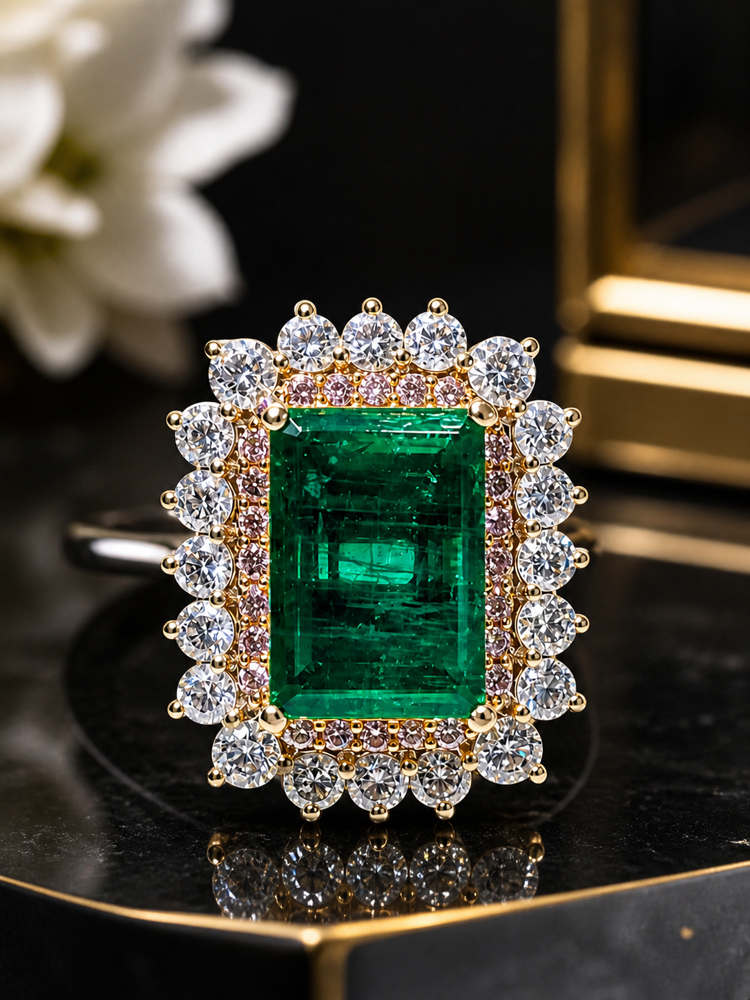 6.28 Ct Colombian emerald framed by white and pink diamonds in platinum & 18K gold - Image 3