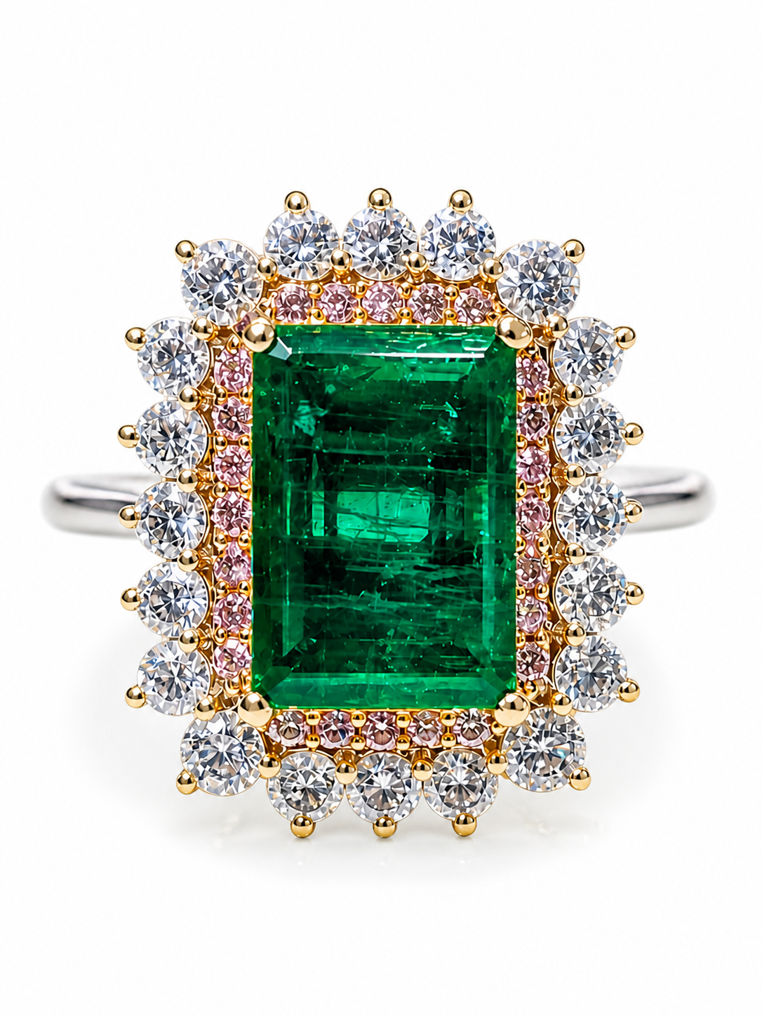 6.28 Ct Colombian emerald framed by white and pink diamonds in platinum & 18K gold